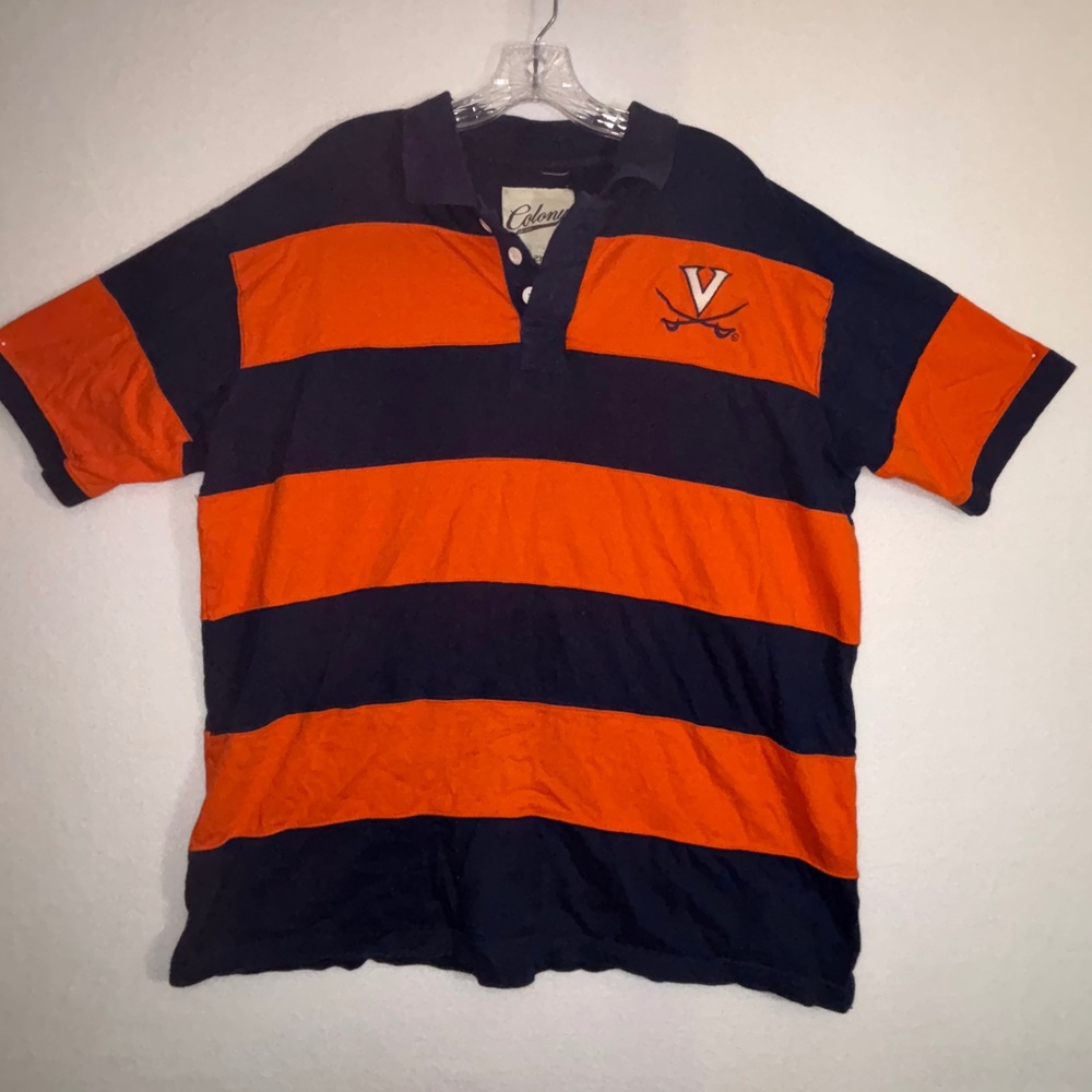 Colony Dry Goods Mens 2XL Striped Rugby Polo‎ Shirt Navy Orange V Cavaliers Logo